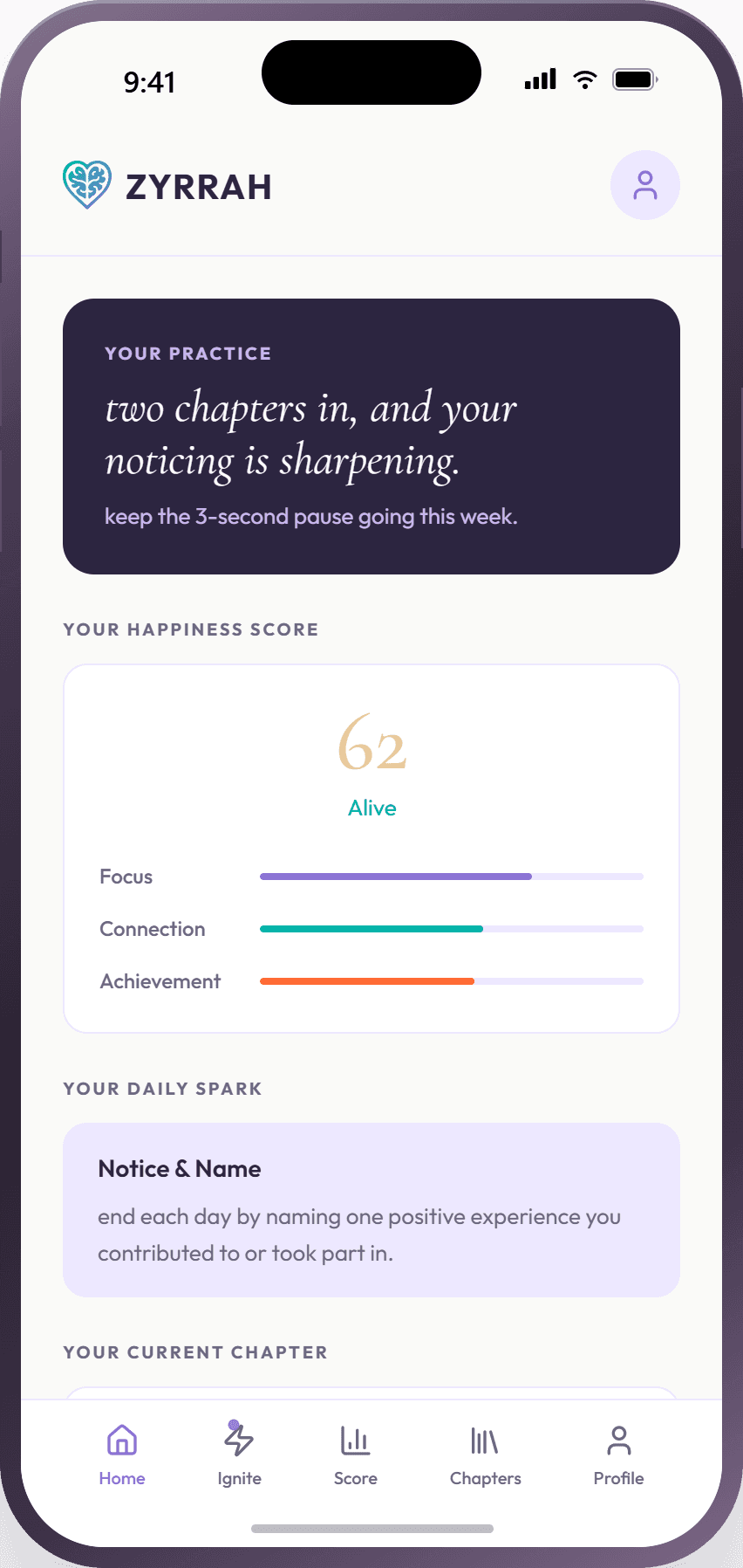 The Zyrrah app home screen, showing today’s daily spark, a short “Pause & Breathe” session ready to begin.