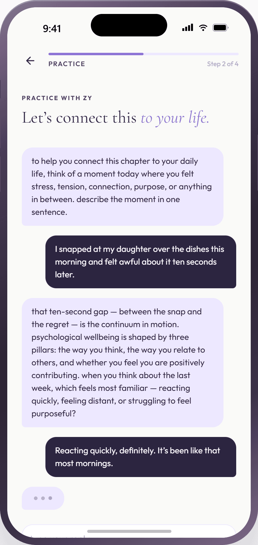 The Practice with Zy screen, an open conversation with the Zy AI coach and a box to type a reply.