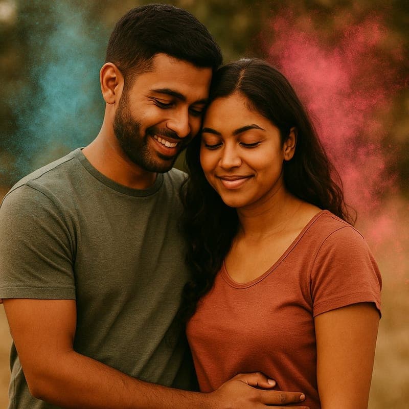 A couple resting their heads together, smiling, amid bursts of coloured powder