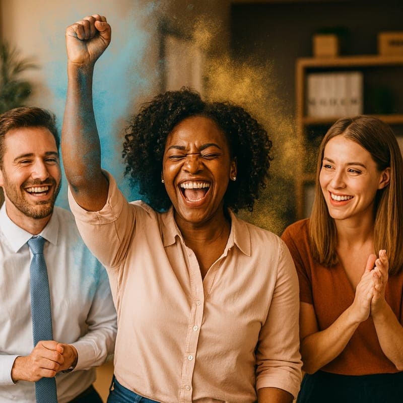 Three colleagues celebrating together, one with a fist raised in triumph