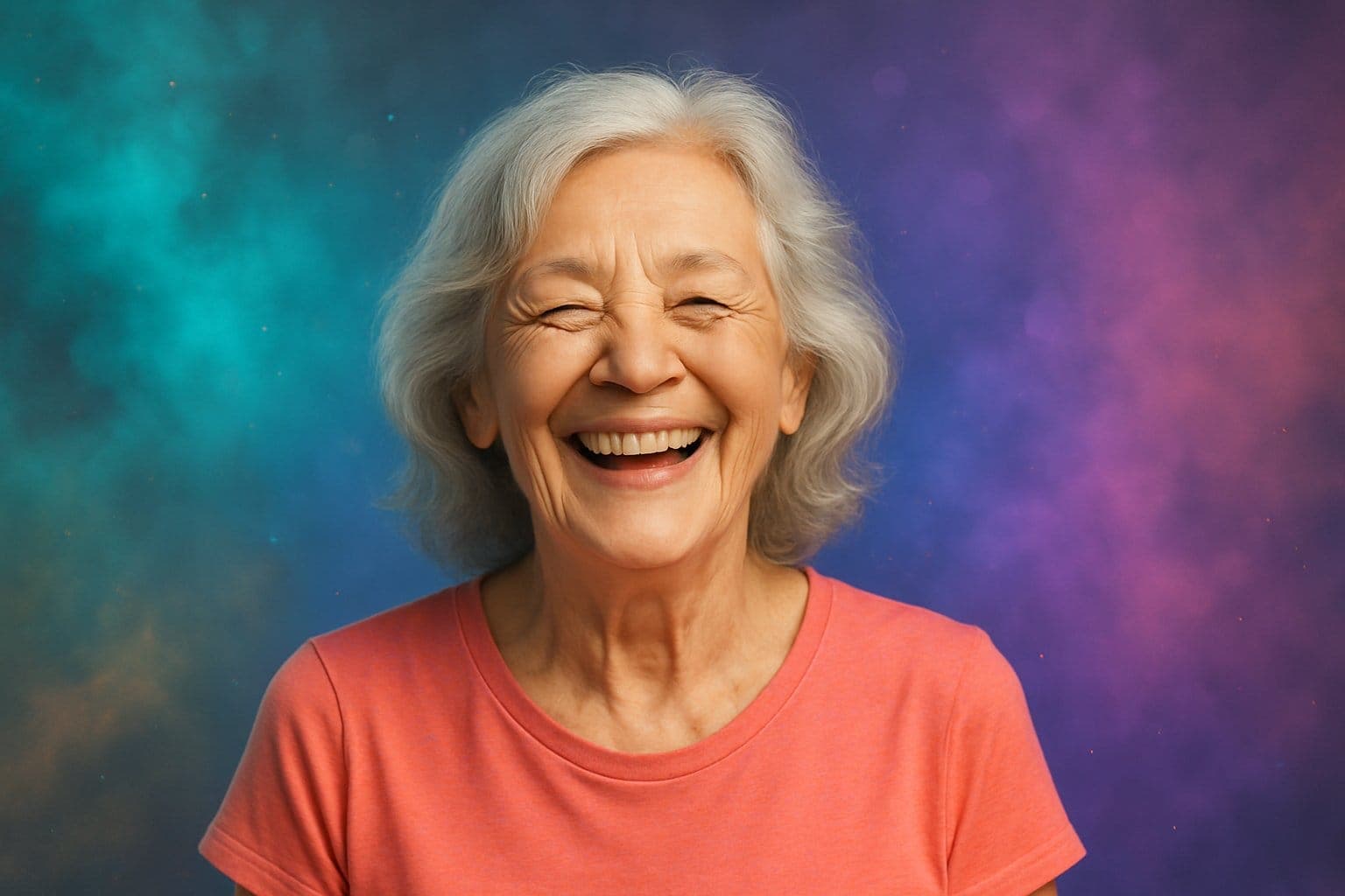 An older woman with grey hair laughing brightly against a teal-and-violet backdrop