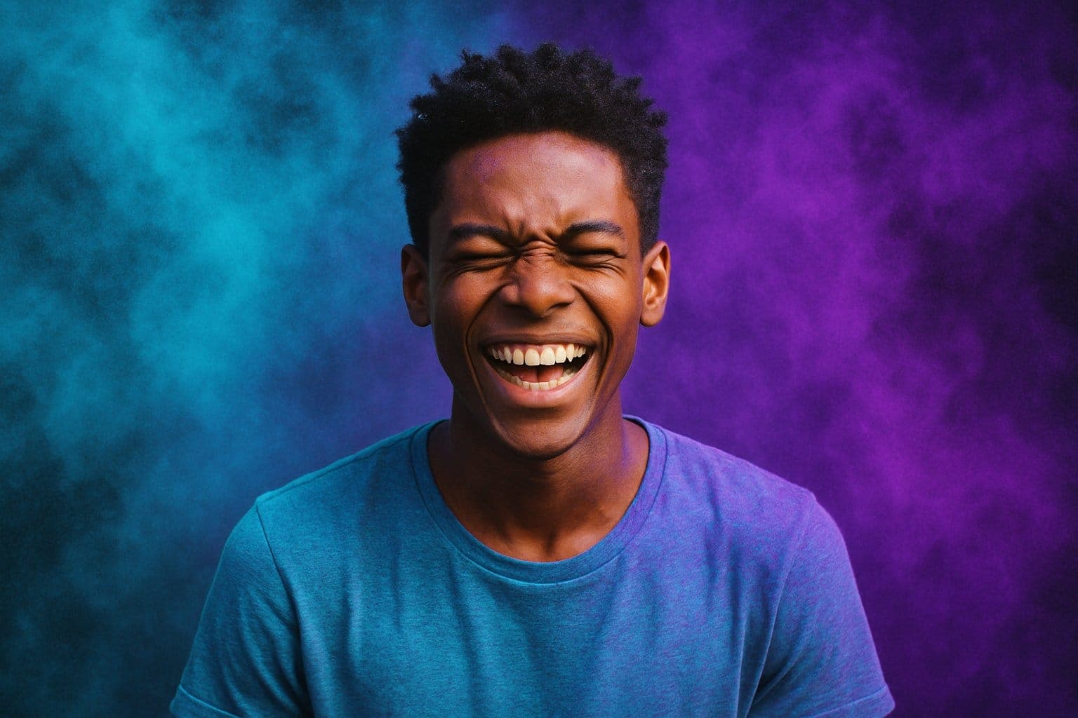 A young man laughing with his eyes closed against a teal-and-violet backdrop